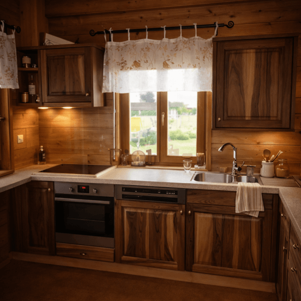 Moderna kuhinja s drvenim ormarićima, radnom površinom i prozorom koji pruža prirodnu svjetlost.