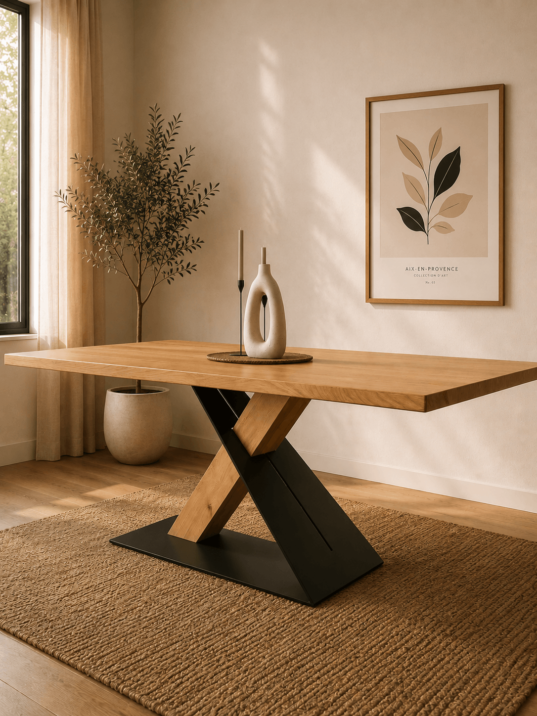 FENNA – rustikalni masivni hrastov stol 220 × 100 cm s nasadnim produžecima