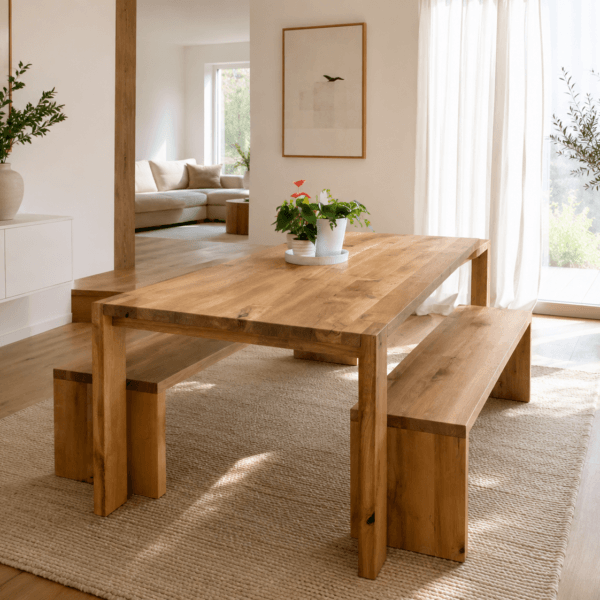 SAGA – hrastov blagovaonski stol s dvije klupe – 240 × 100 cm