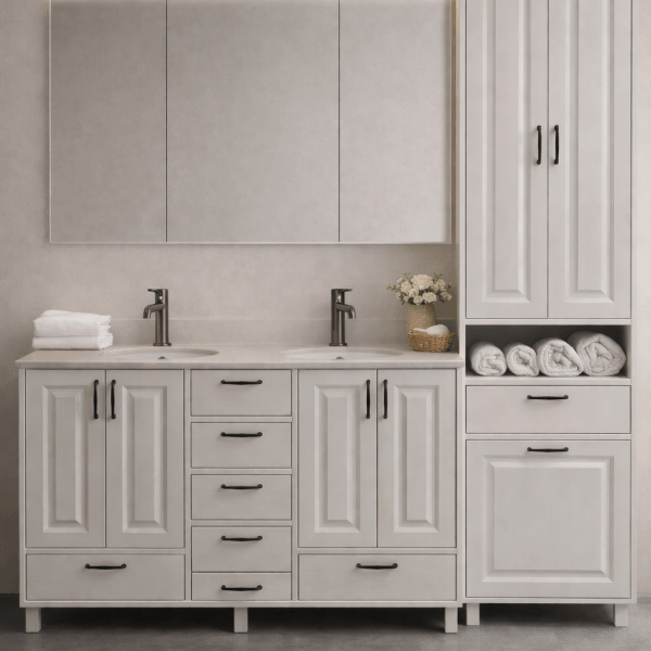 Kupaonski namještaj od masivnog jasena – bijeljeno ulje, izrada po mjeri